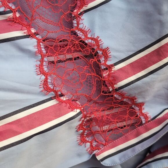 SANDRO Paris Mellow Stripe Blue Red Wrap Midi Shirt Dress Lace Inserts Size S - Picture 6 of 15